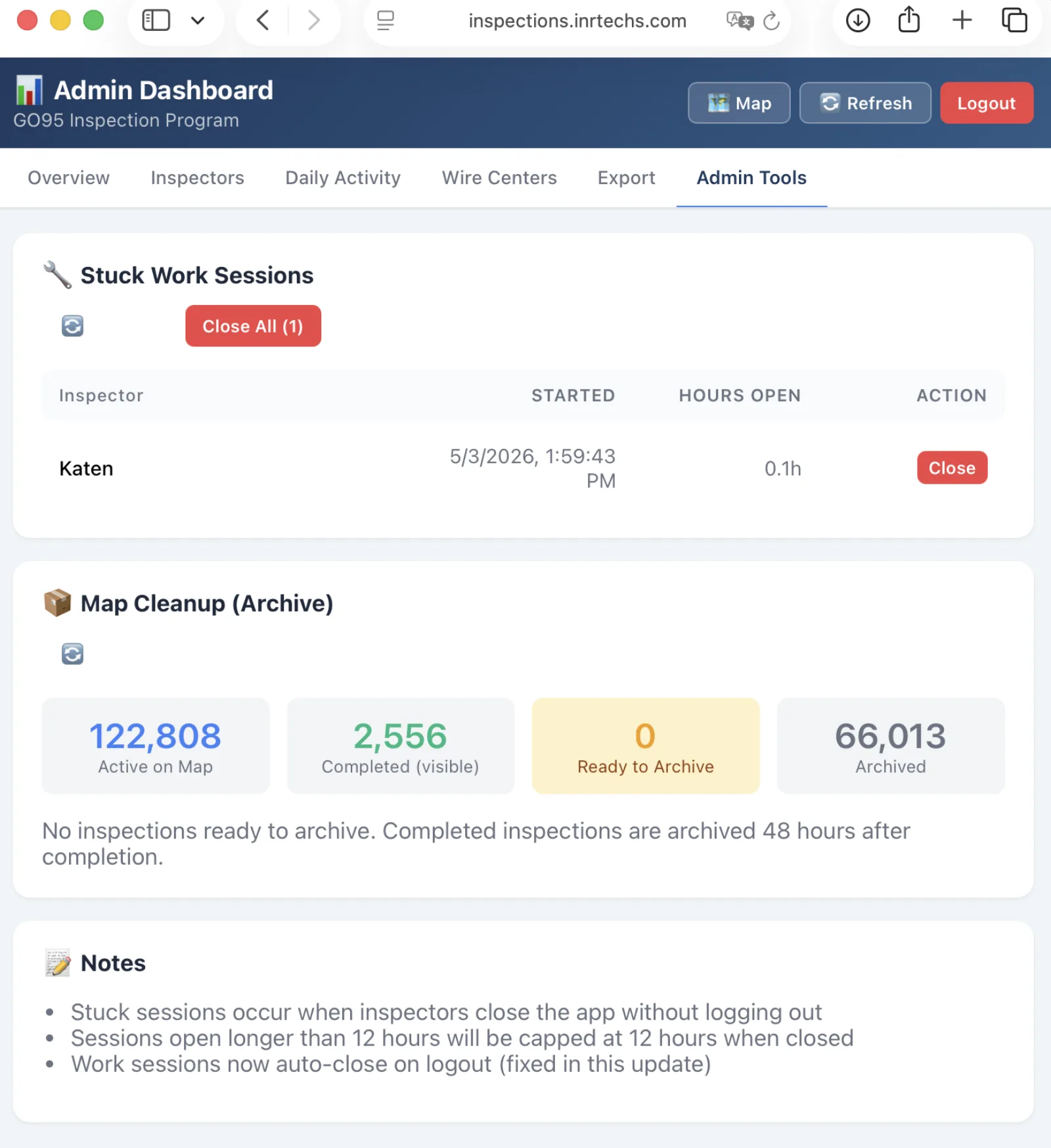 Admin Tools tab with stuck session management and map archive controls