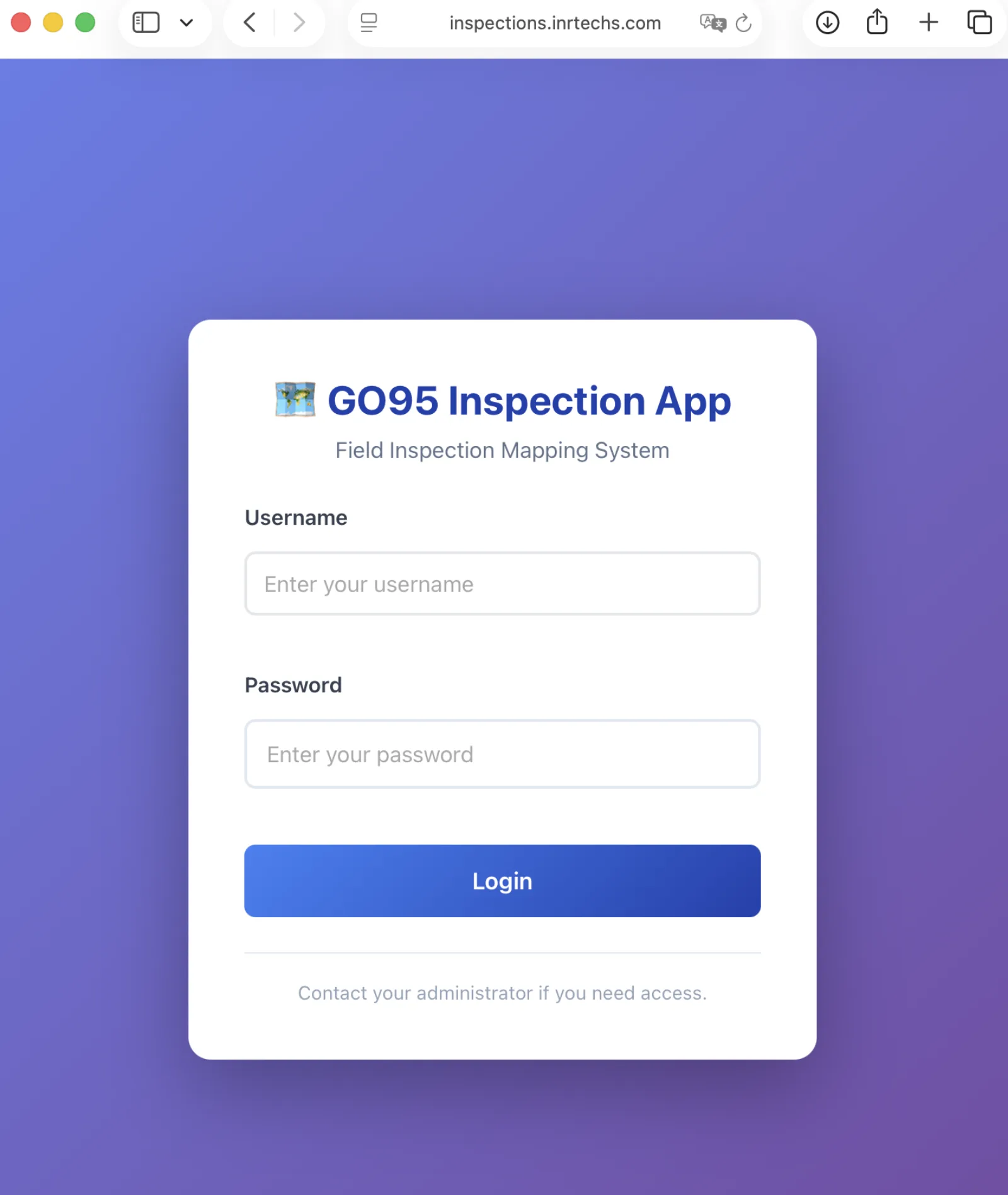 GO95 Inspection App login screen