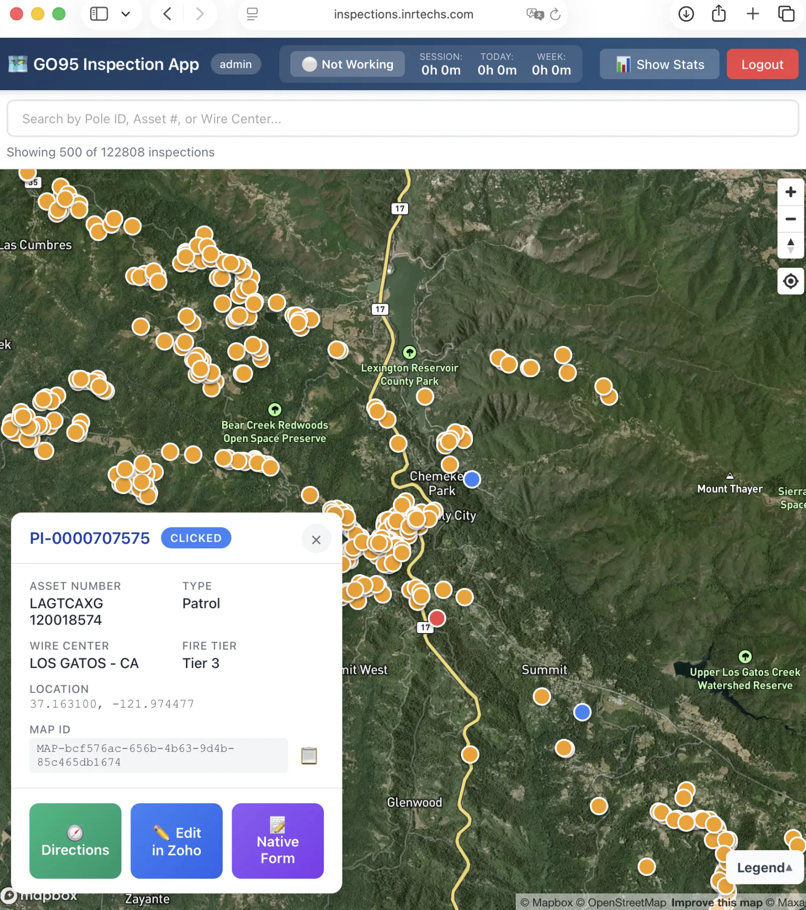 GO95 Inspection App map view with hundreds of pole markers and a detail popup