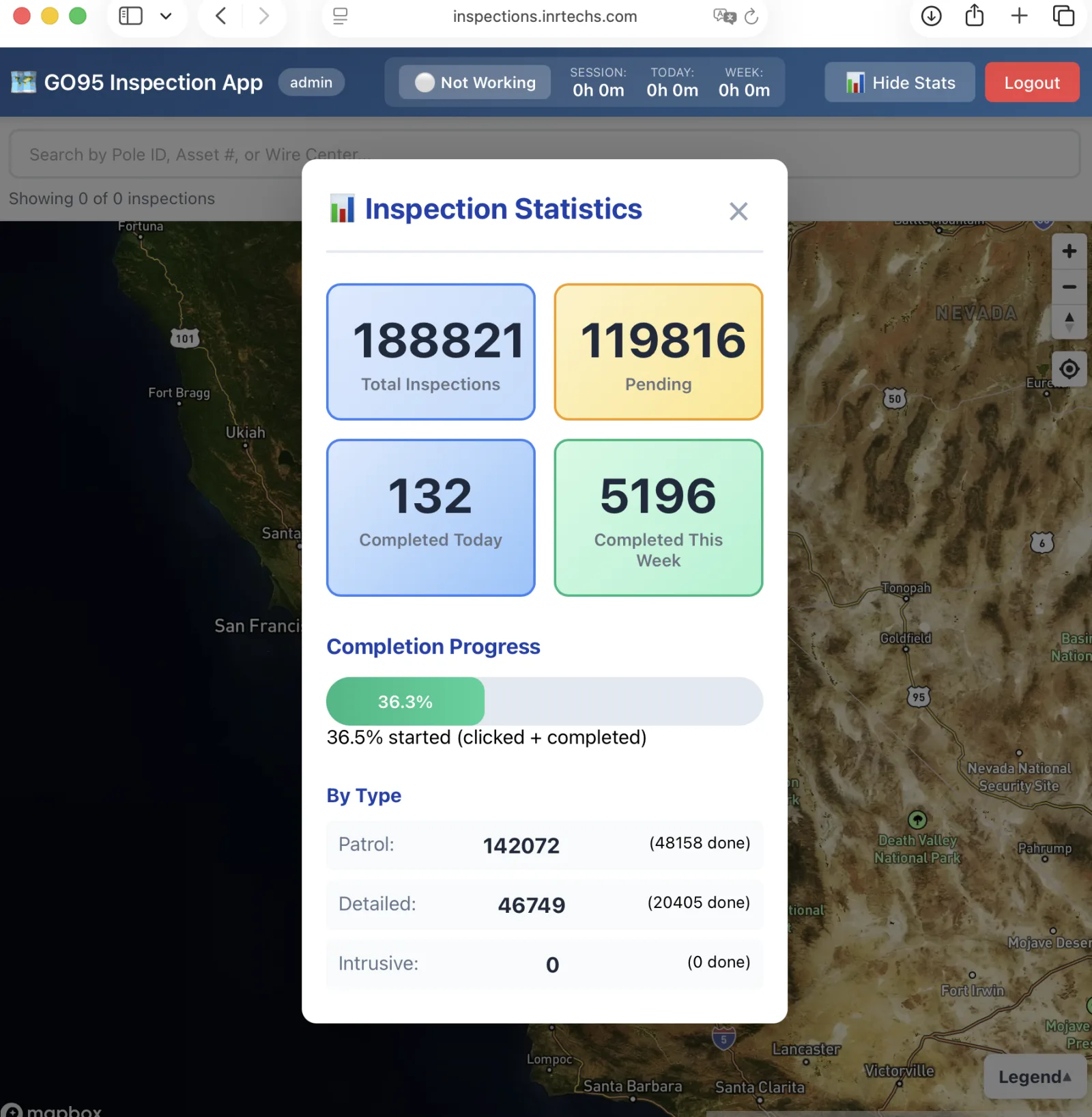 Inspection statistics modal showing total, pending, completed, and per-type breakdown